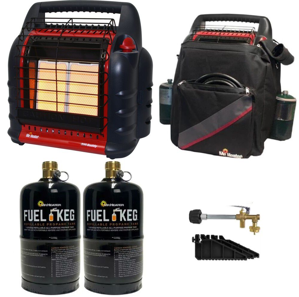 Mr Heater 18,000 BTU Big Buddy Portable Propane Heater Two 1 Pound Refillable Fuel Keg Tank Refillable Propane Tank Kit & Big Buddy Accessory Bag Bundle