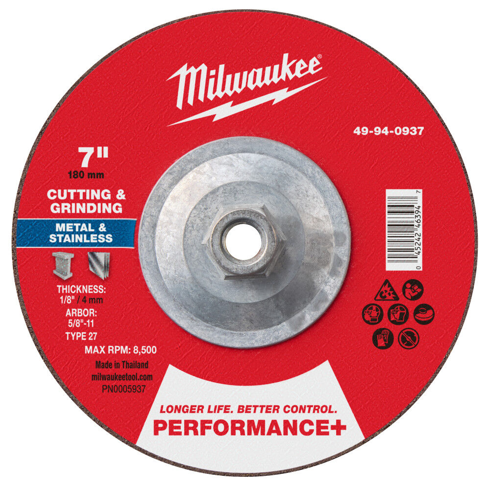 Milwaukee 7 Inch x 1/8 Inch x 5/8 Inch-11 Performance+ Dual Metal Cut & Grind Wheel Type 27