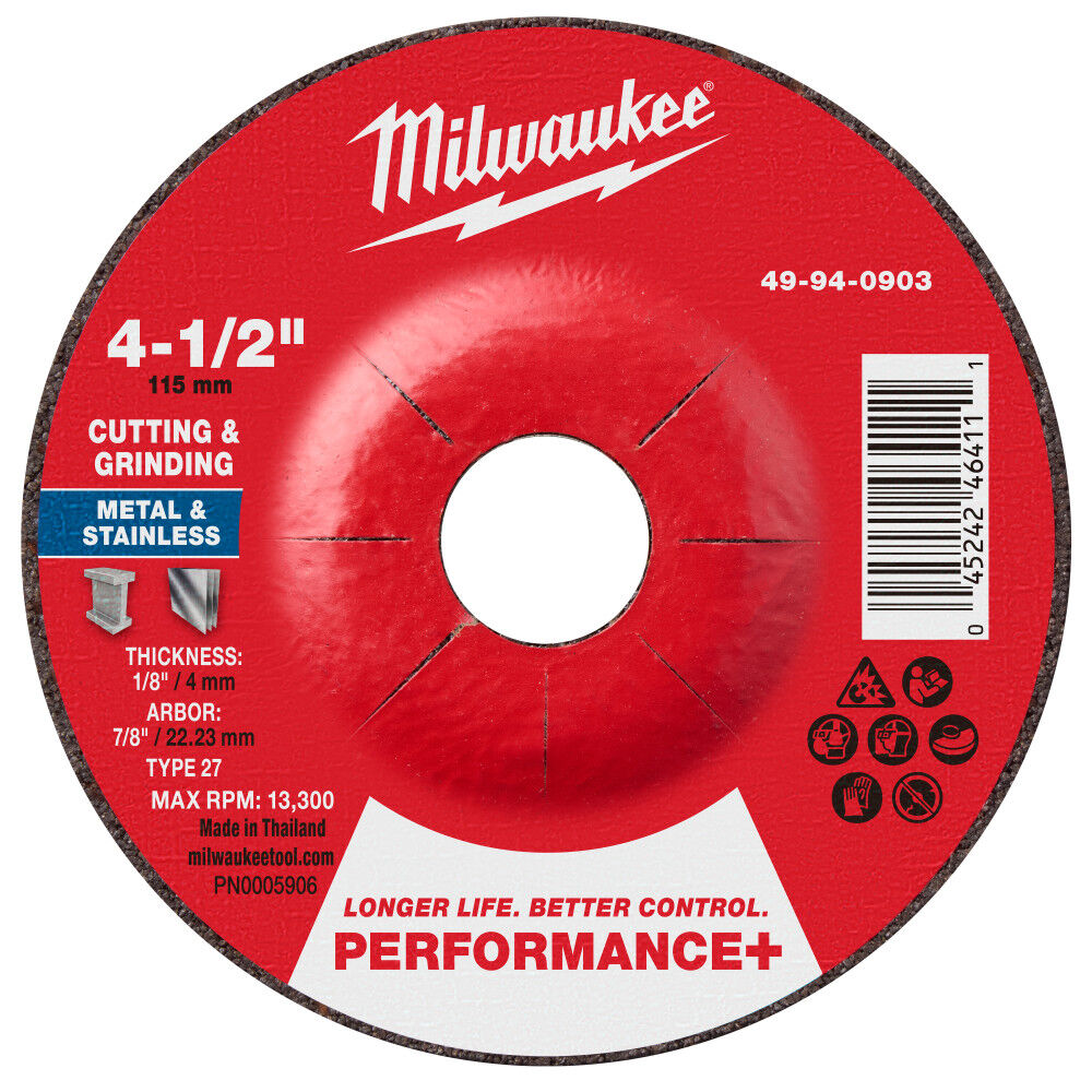 Milwaukee 4-1/2 Inch x 1/8 Inch x 7/8 Inch Performance+ Dual Metal Cut & Grind Wheel Type 27