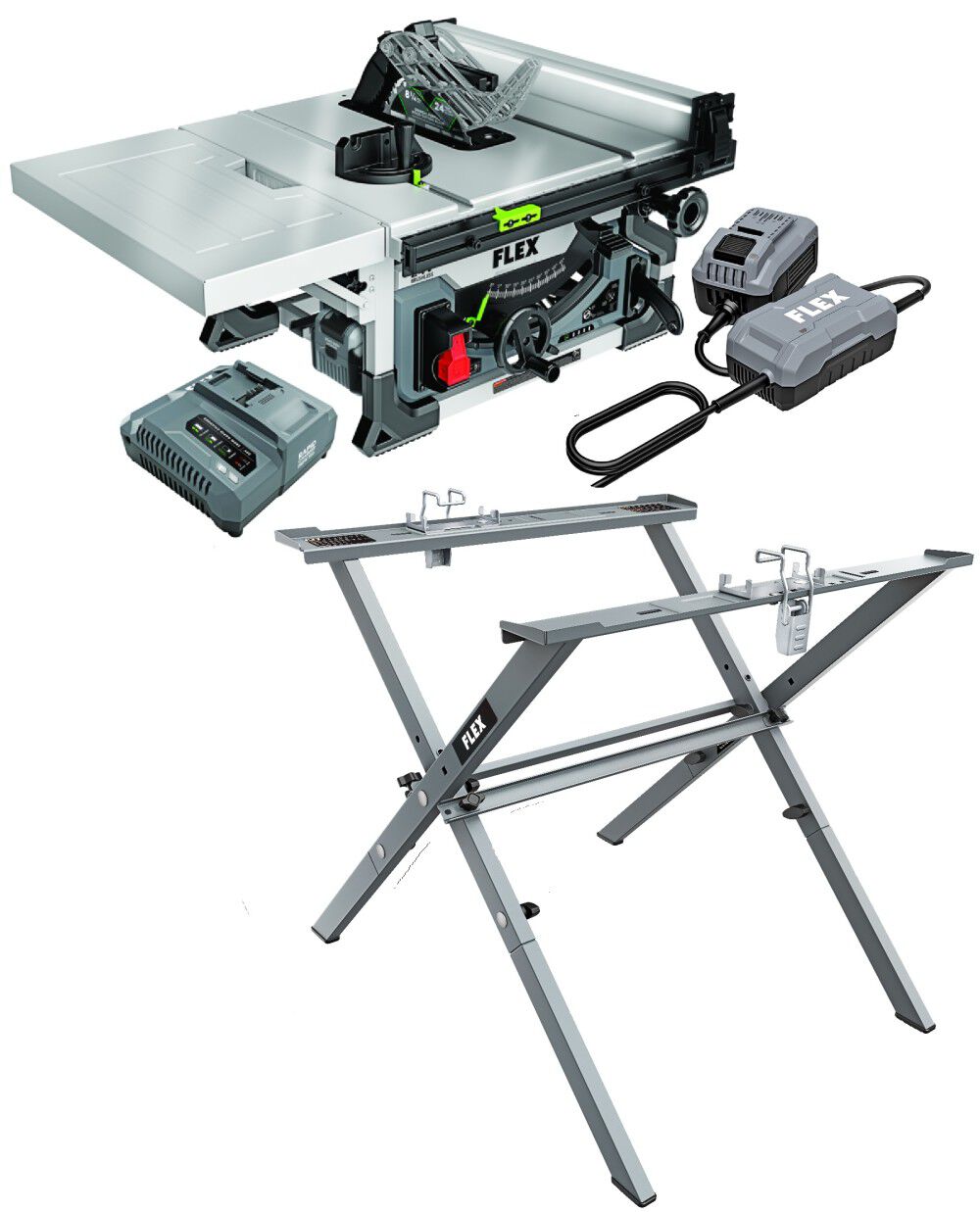 FLEX 8-1/4 Inch Table Saw Stacked Lithium Kit 24V Power Adapter & Folding Saw Stand Bundle