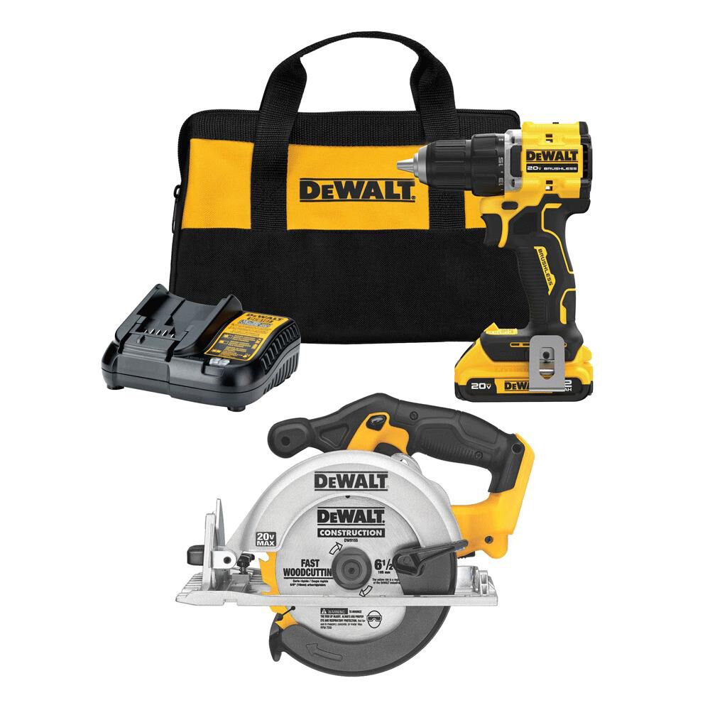 DEWALT 20V Max 6 1/2 Inch Circular Saw & 20V Atomic Compact Drill Driver Kit Bundle
