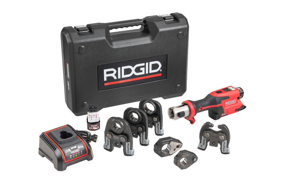 Ridgid RP 251 Press Tool Battery Kit (1/2 Inch-1 Inch) MegaPress Jaws and (1/2 Inch-3/4 Inch) Rings with C1 Actuator