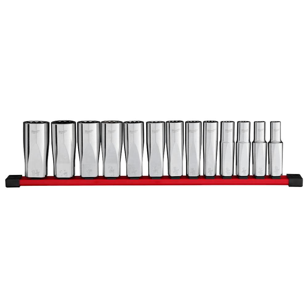 Milwaukee 1/2 Inch Deep 12 Point Socket Set, SAE, 13 Pieces