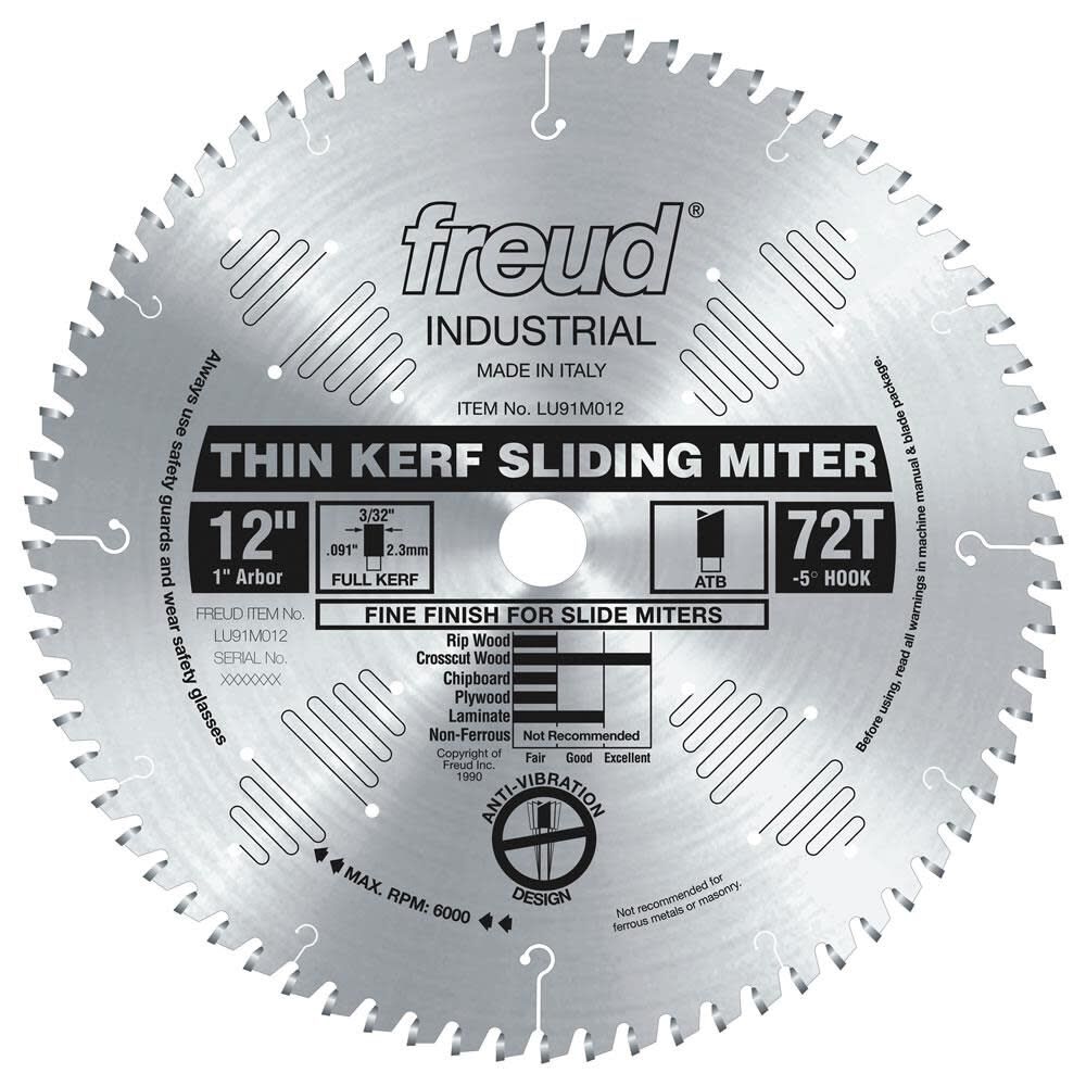 Freud 12 In. x 72T Thin Kerf Sliding Compound Miter Saw Blade