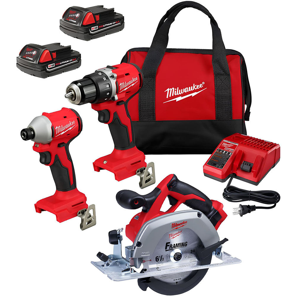 Milwaukee M18 1/2 Inch Drill Driver, 1/4 Inch Impact Driver & 6-1/2 Inch Circular Saw Combo Kit Bundle