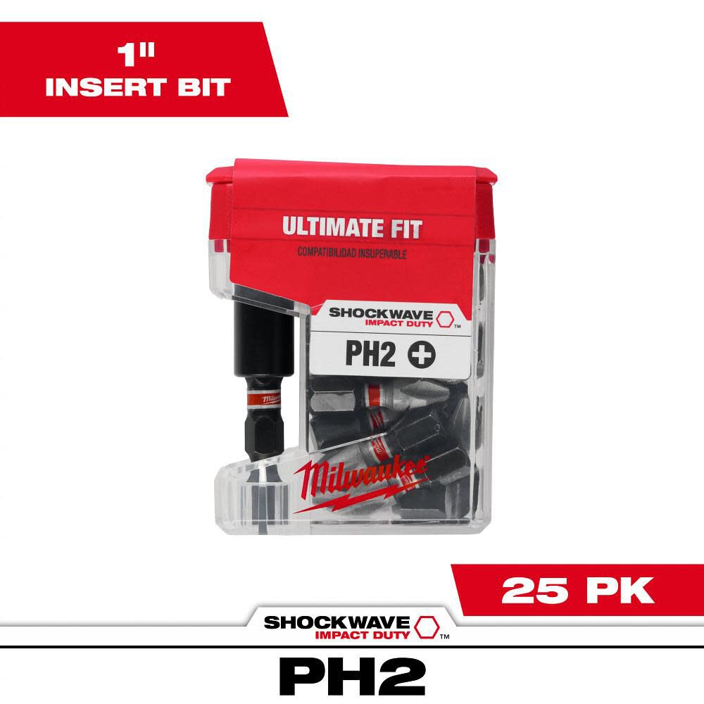 Milwaukee SHOCKWAVE Impact Phillips #2 Insert Bits with Bit Holder 25PK