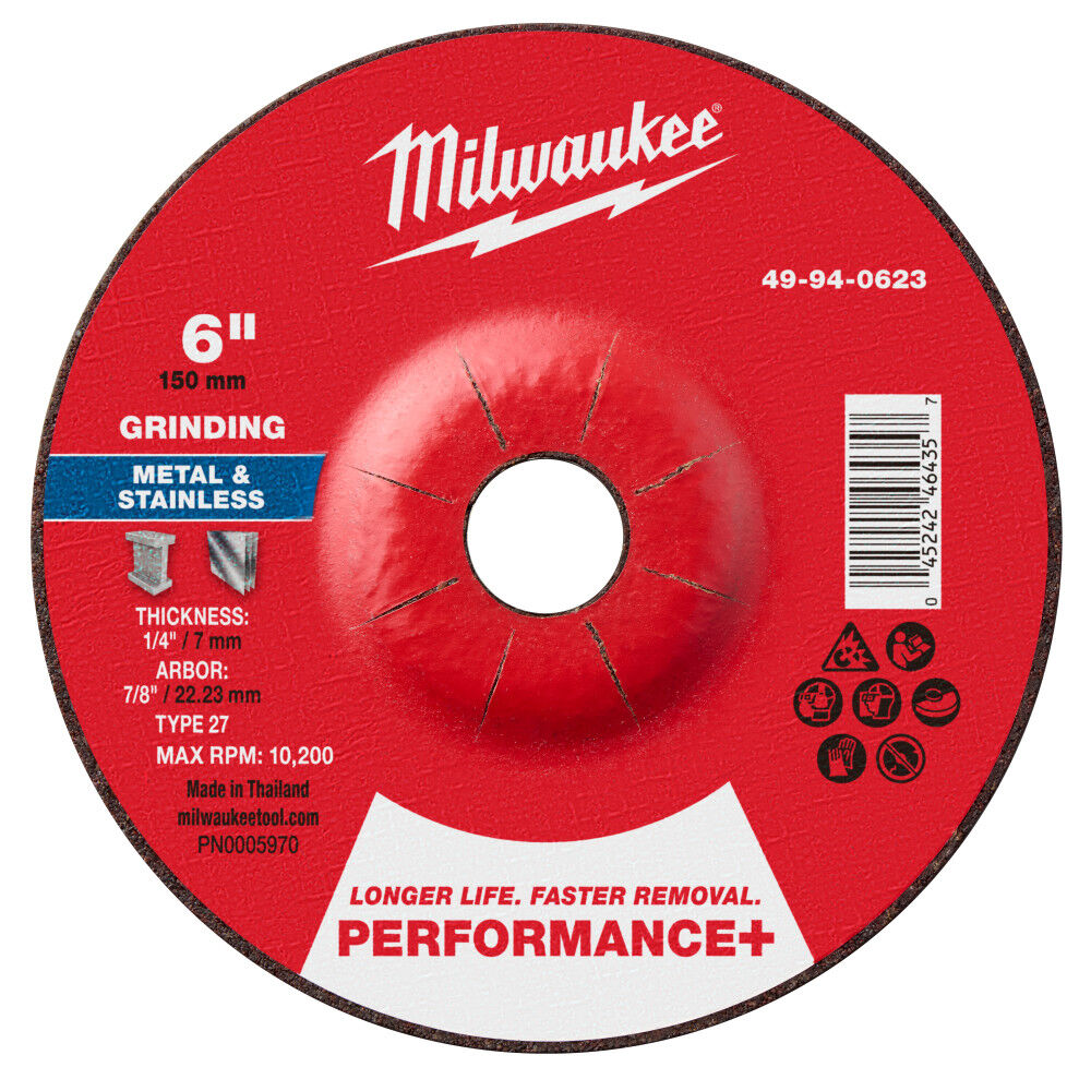 Milwaukee 6 Inch x 1/4 Inch x 7/8 Inch Performance+ Metal Grinding Wheel Type 27