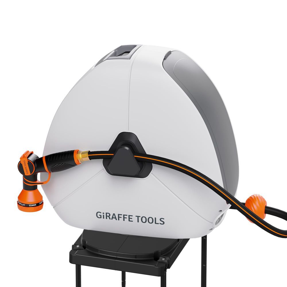 Giraffe Tools Ground-Mounted Retractable Hose Reel5/8 Inch 92 Ft with 9 Mode Nozzle & Leader Hose