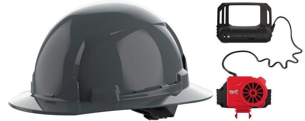 Milwaukee BOLT Gray Full Brim Hard Hat with 4pt Ratcheting Suspension Type 1 Class E & USB Cooling Fan Bundle