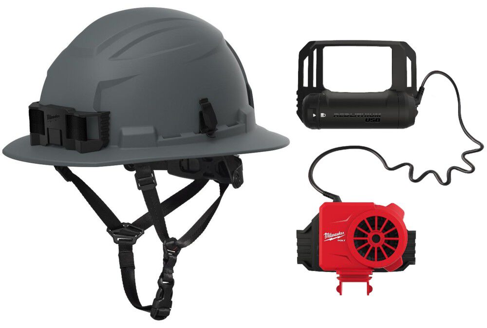Milwaukee BOLT Gray Full Brim Safety Helmet Type 2 Class E & USB Cooling Fan
