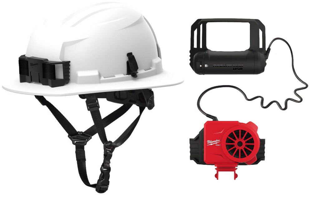 Milwaukee BOLT White Full Brim Safety Helmet Type 2 Class E & USB Cooling Fan
