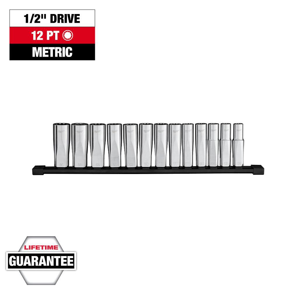 Milwaukee 1/2 Inch Deep 12 Point Socket Set, Metric, 13 Pieces