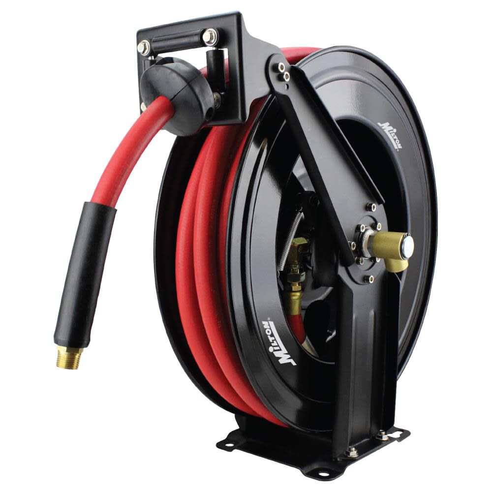 Milton 2780-50D – Steel Dual Arm Auto-Retractable Air Hose Reel 1/2in x 50 ft. Rubber Hose – 300 Max PSI
