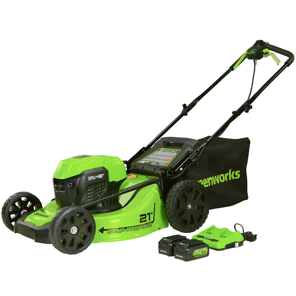 Greenworks 48V 21in Cordless Self Propelled Lawn Mower Kit with 5Ah Battery 2pk & Charger