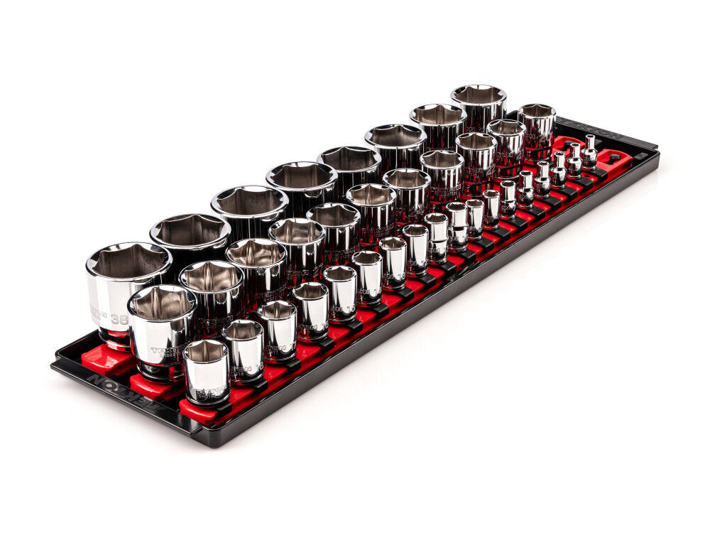 Tekton 1/4, 3/8, 1/2 Inch 6 Point Socket Set with Rails, 37 Pieces (4-38 mm)