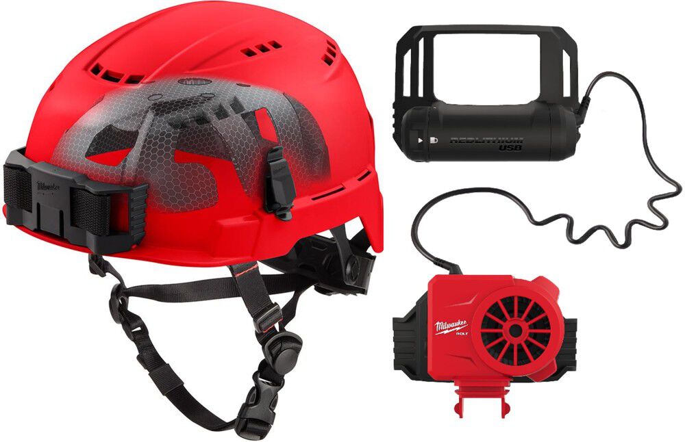 Milwaukee BOLT Red Vented Safety Helmet with IMPACT ARMOR Liner Type 2 Class C & USB Cooling Fan Bundle