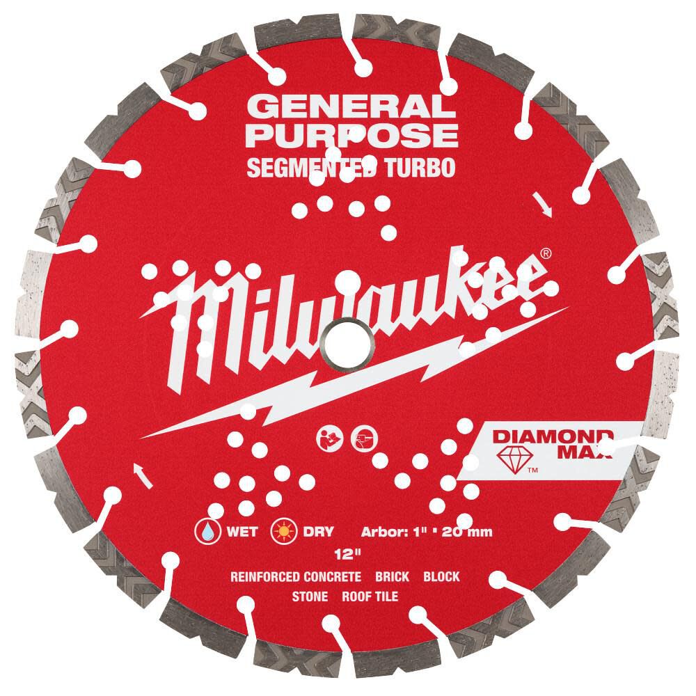 Milwaukee DIAMOND MAX 12 Inch Segmented Turbo Rim Diamond Blade for Reinforced Concrete, Stone, and Brick