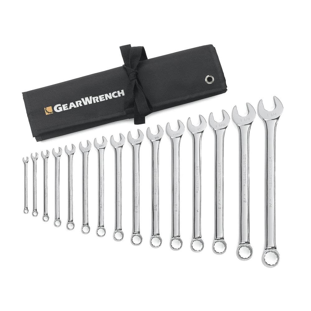 GEARWRENCH 15 Piece 12 Point Long Pattern Combination Wrench Set with Tool Roll SAE