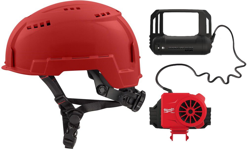 Milwaukee BOLT Red Vented Helmet Class C & USB Cooling Fan Bundle