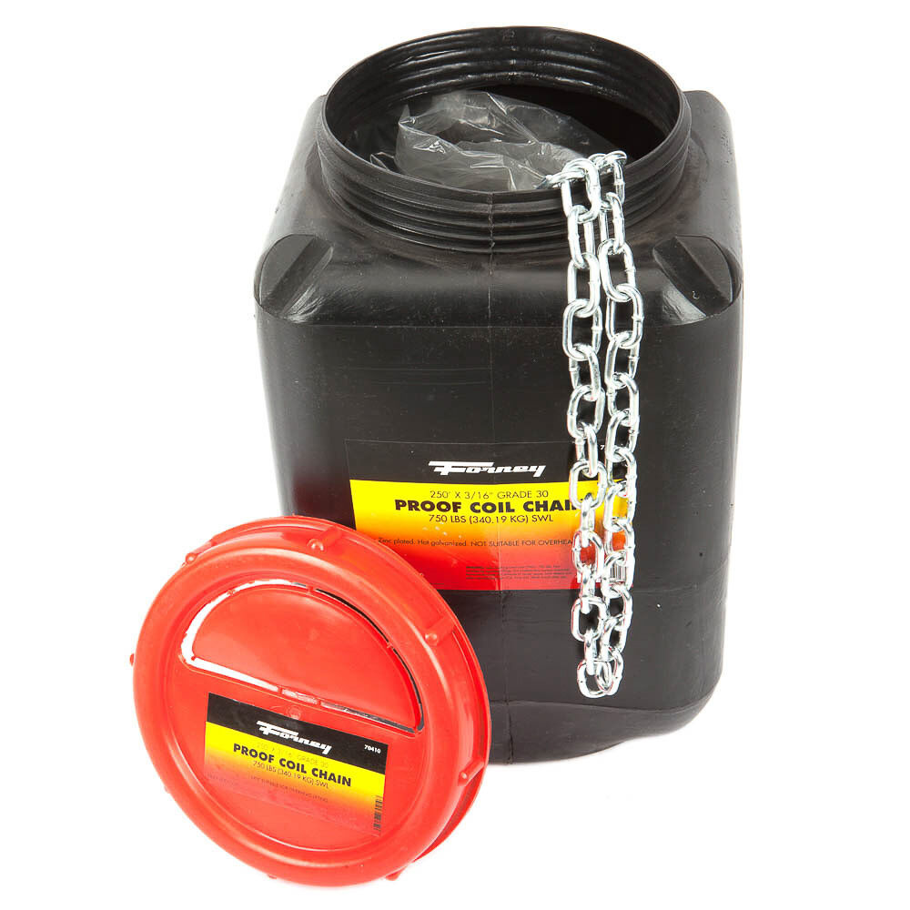 Forney Industries Bucket of Chain, Grade 30 (G30) Proof Coil Chain, Zinc-Plated, 3/16 Inch x 250 Ft. (DOT Approved Tow Chain)