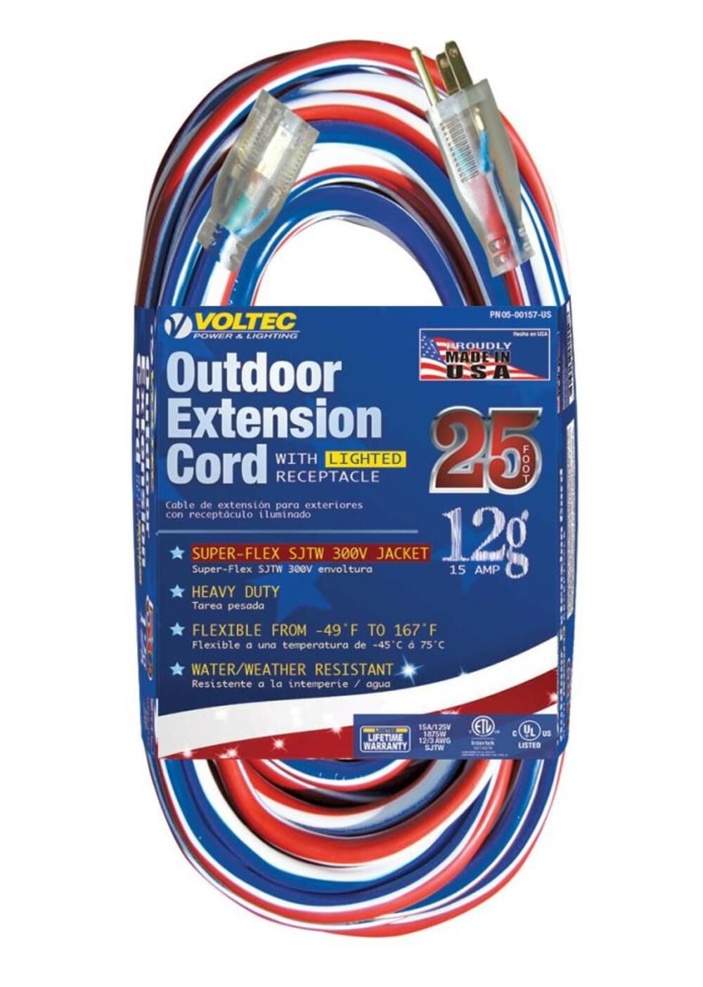Voltec Extension Cord 25 Ft. 12/3 SJTW Red/White/Blue with Lighted End