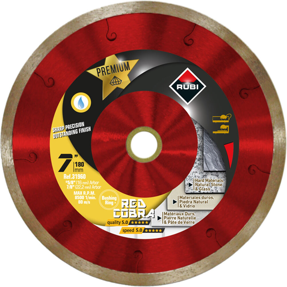 Rubi Tools Red Cobra 7 Inch Premium Continuous Rim Diamond Blade for Hard Materials