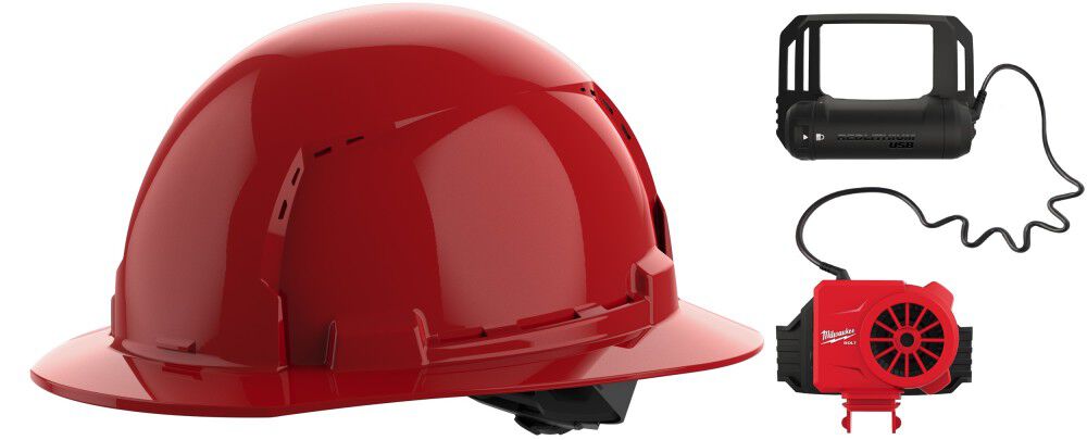 Milwaukee BOLT Red Full Brim Vented Hard Hat with 4pt Ratcheting Suspension Type 1 Class C & Cooling Fan Bundle