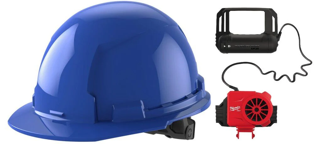 Milwaukee Blue Front Brim Hard Hat with 6pt Ratcheting Suspension Type 1 Class E & BOLT USB Cooling Fan Bundle