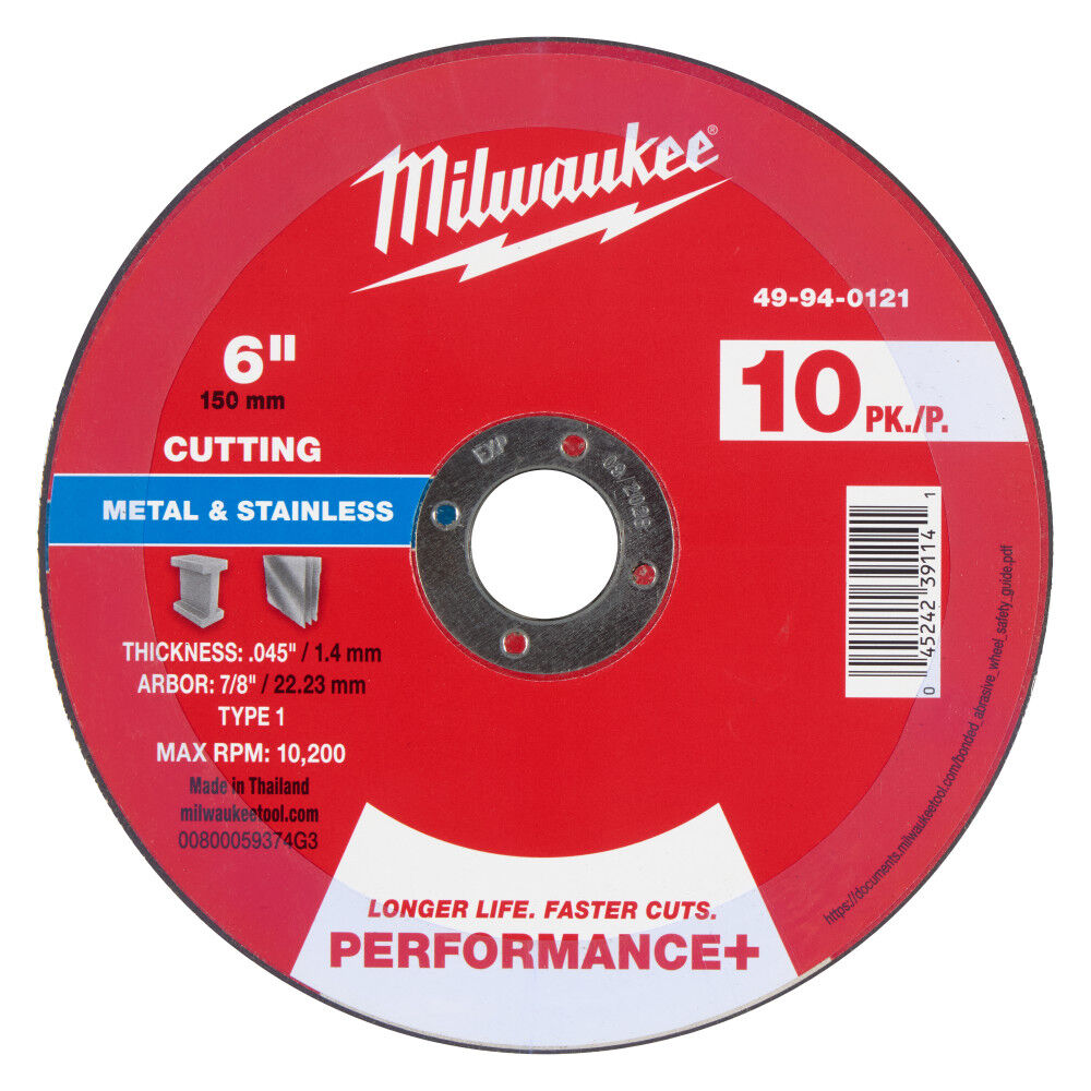 Milwaukee 6 Inch x .045 Inch x 7/8 Inch Performance+ Metal Cut Off Wheel Type 1