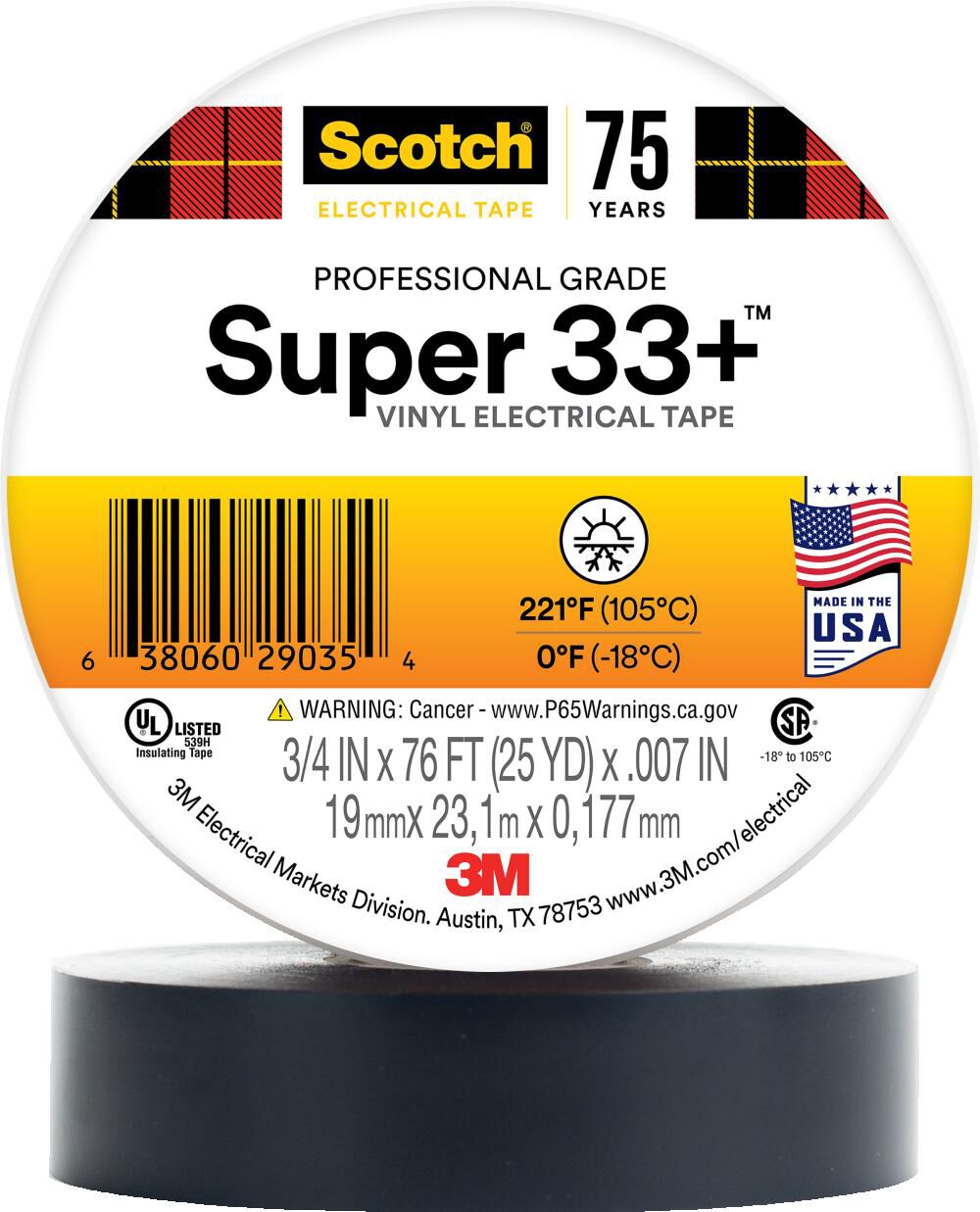 3M Super 33+ 3/4 Inch x 76 Ft Scotch Black Vinyl Electrical Tape – 1 Roll