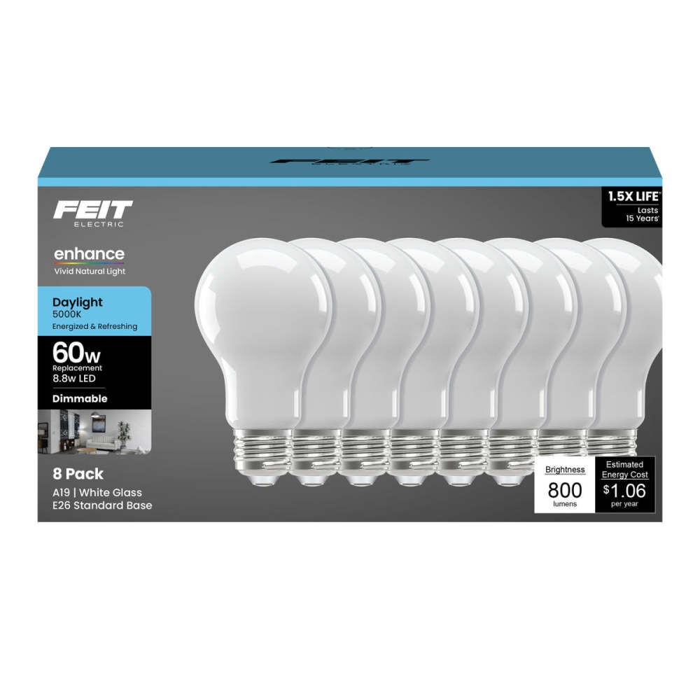Feit Electric 8.8W 800 Lumens A19 E26 Base LED Bulb Soft White Frosted 8 Pieces