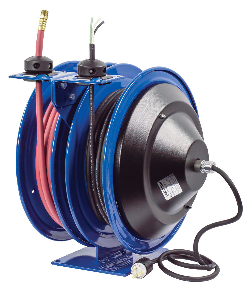 Coxreels Hose Reel Dual Purpose Spring Rewind Reels 3/8in x 50′ 300PSI 50′ Cord 12 AWG
