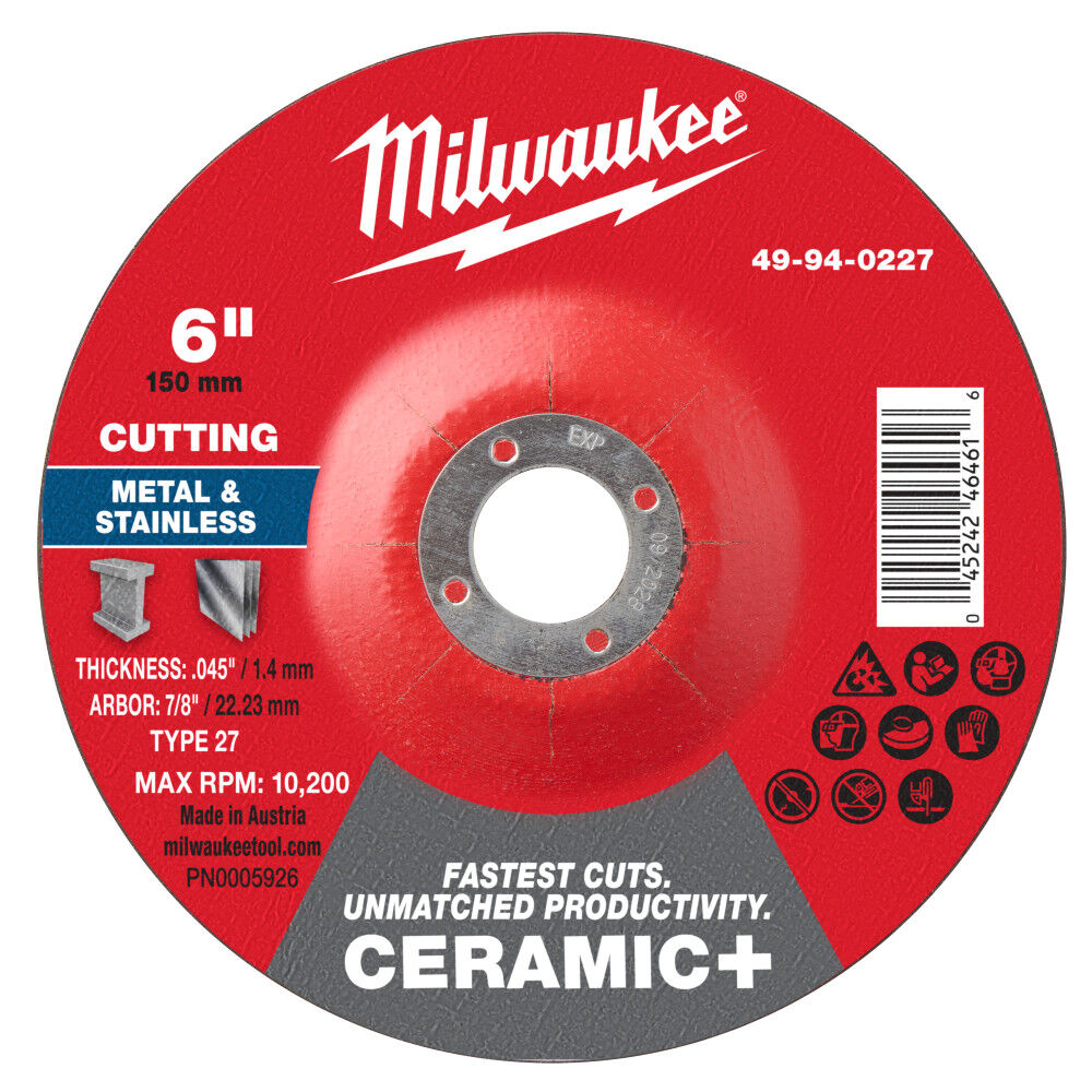 Milwaukee 6 Inch x .045 Inch x 7/8 Inch Ceramic+ Metal Cut Off Wheel Type 27