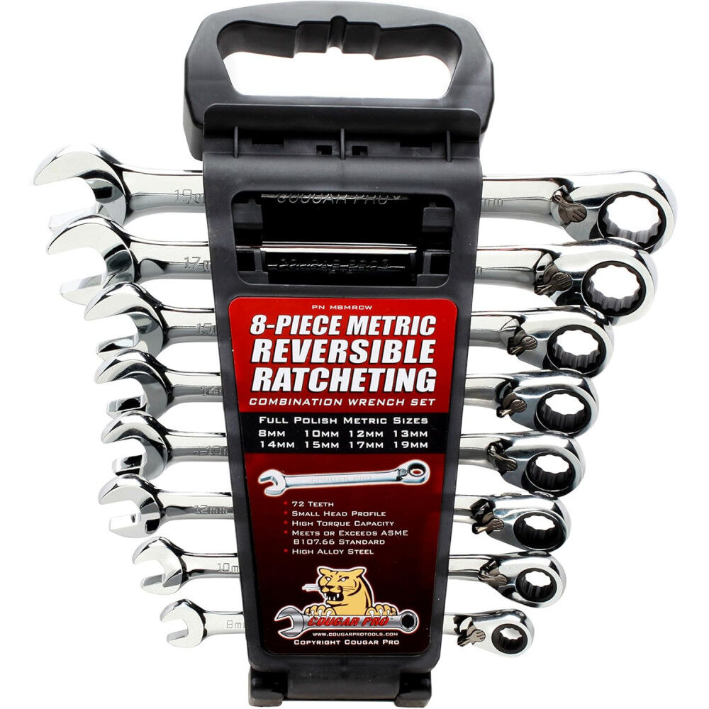 Cougar Pro Metric Full Polish Ratcheting Combination Wrench Set (8mm to 19mm), 8 Piece