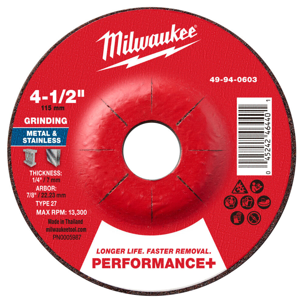 Milwaukee 4-1/2 Inch x 1/4 Inch x 7/8 Inch Performance+ Metal Grinding Wheel Type 27