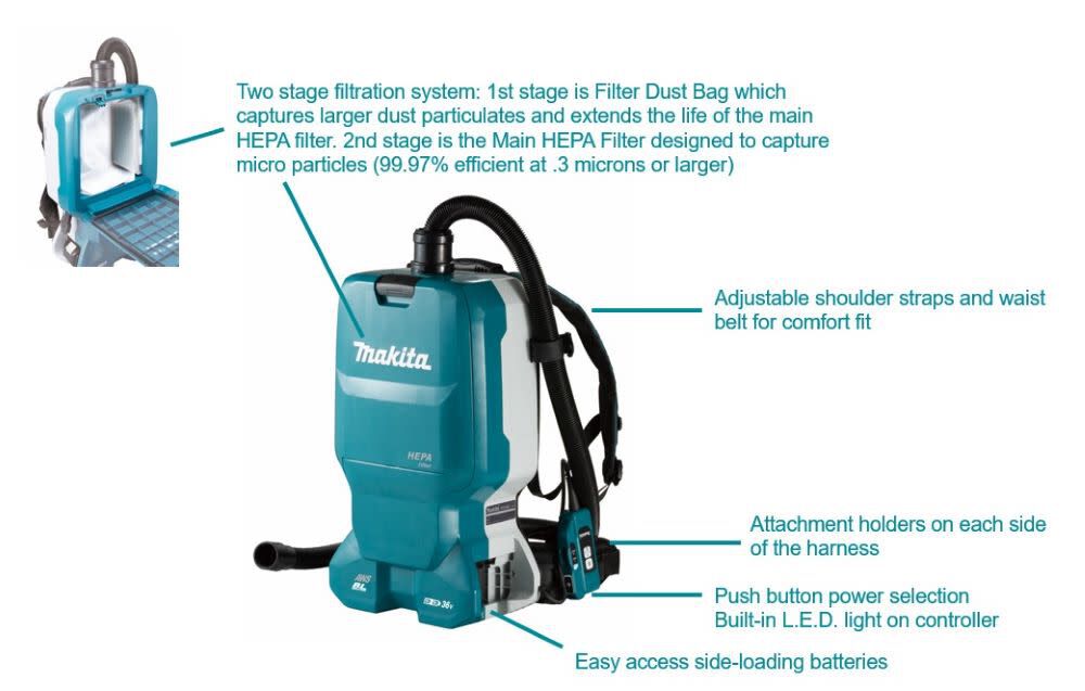 Makita 18V X2 (36V) LXT Backpack Dry Dust Extractor 1.6 Gallon HEPA FilterAWS Capable Cordless (Bare Tool) - Image 2