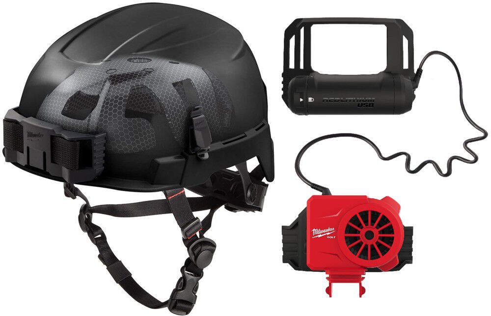 Milwaukee BOLT Black Safety Helmet with IMPACT ARMOR Liner Type 2 Class E & USB Cooling Fan Bundle