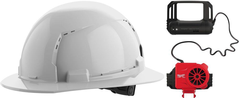 Milwaukee BOLT White Full Brim Vented Hard Hat with 6pt Ratcheting Suspension Type 1 Class C & USB Cooling Fan Bundle