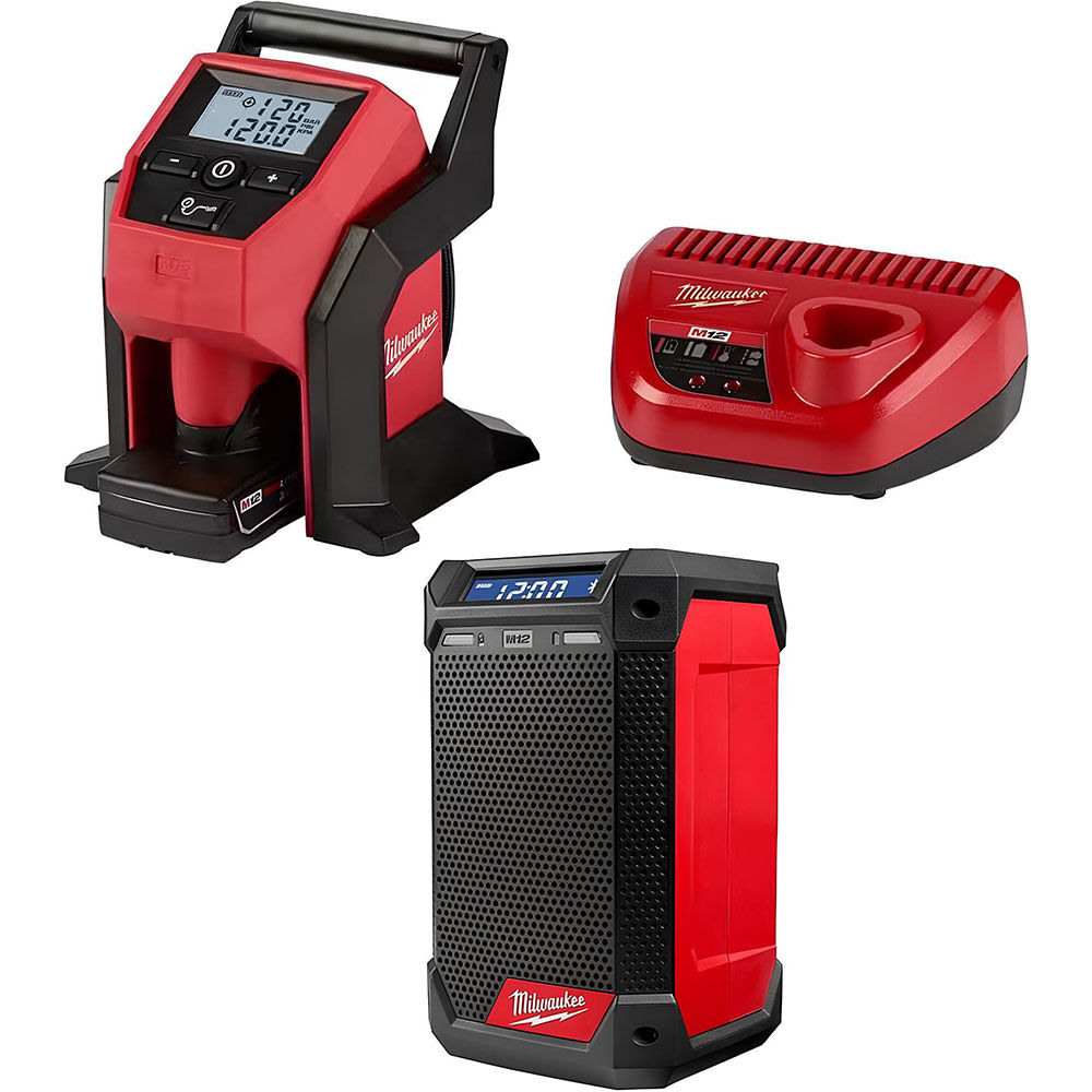 Milwaukee M12 Compact Inflator Kit, M12 Radio + Charger Bundle
