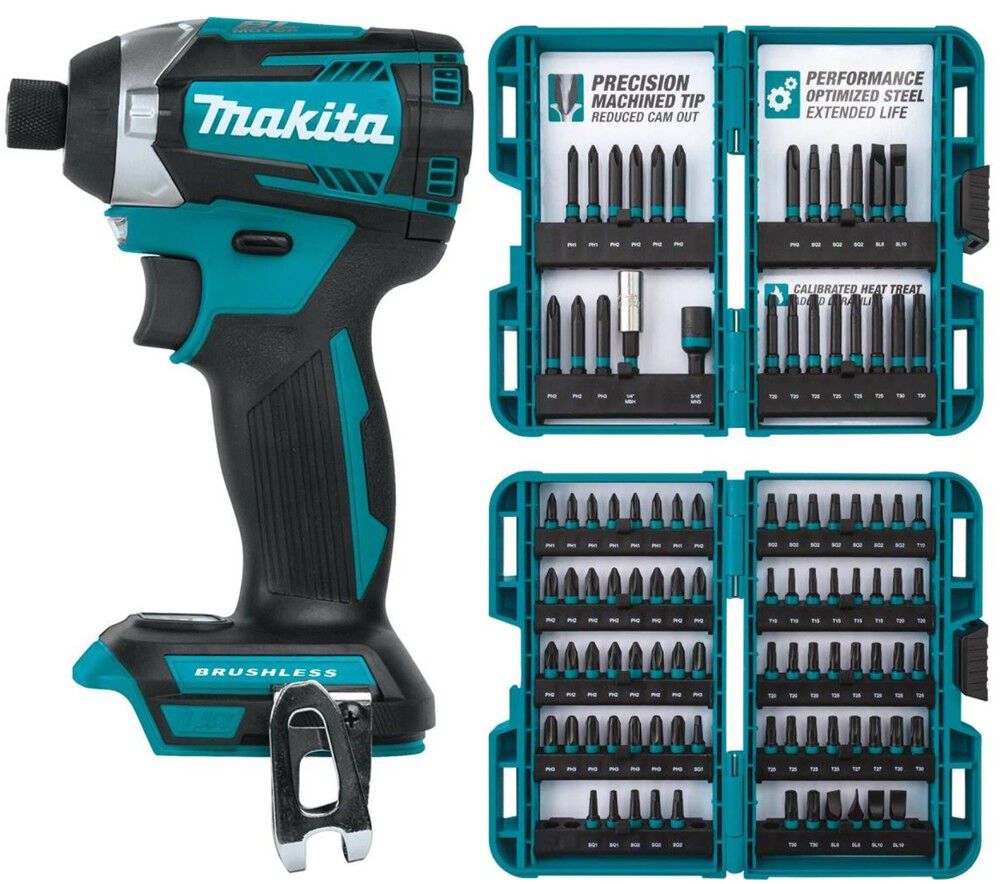 Makita 18V LXT Lithium-Ion Brushless Cordless 3 Speed Impact Driver (Tool Only) & ImpactX 100 pc. Driver Bit Set Bundle