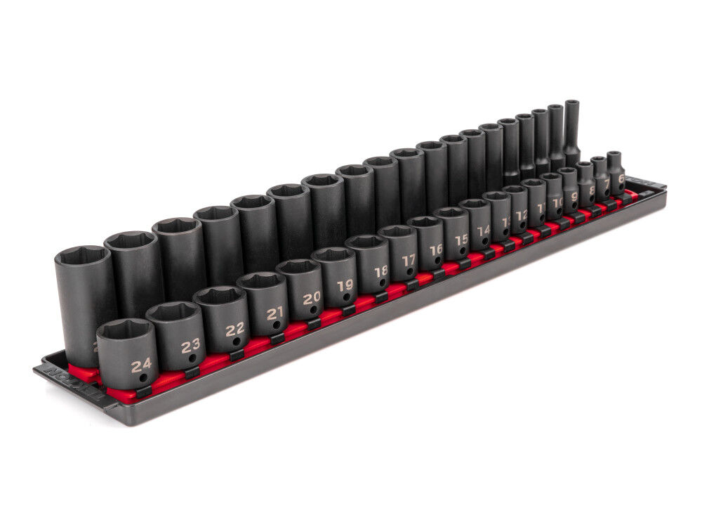 Tekton 3/8 Inch Drive 6 Point Impact Socket Set on Rails, 38 Pieces (6-24 mm)