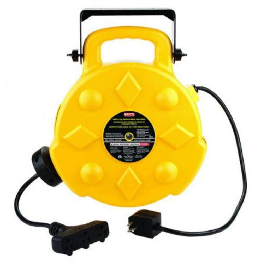 Bayco Products 50 Ft Retractable Polymer Cord Reel with 3 Outlets – 13 Amp