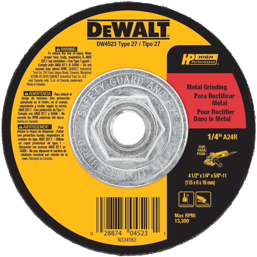 DEWALT High Performance Metal Grinding Wheel 4-1/2-in x 1/4-in