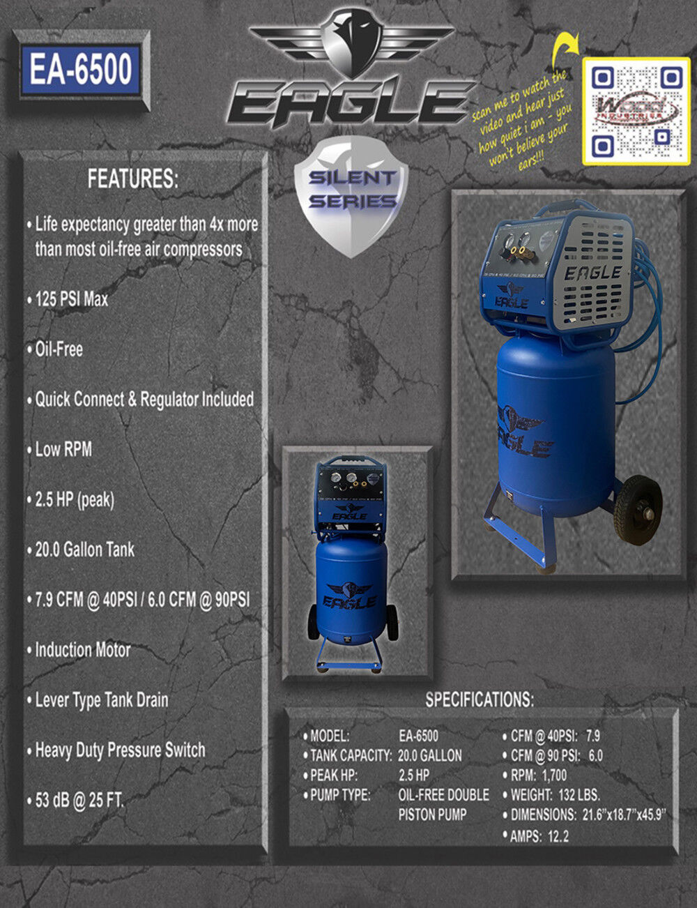Eagle Compressor Silent Series 20 Gallon Electric Portable Air Compressor