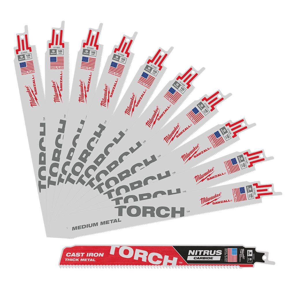 Milwaukee 9 Inch 18 TPI TORCH SAWZALL Blade, 10 Pieces + 9 Inch 8 TPI TORCH with NITRUS Carbide Teeth