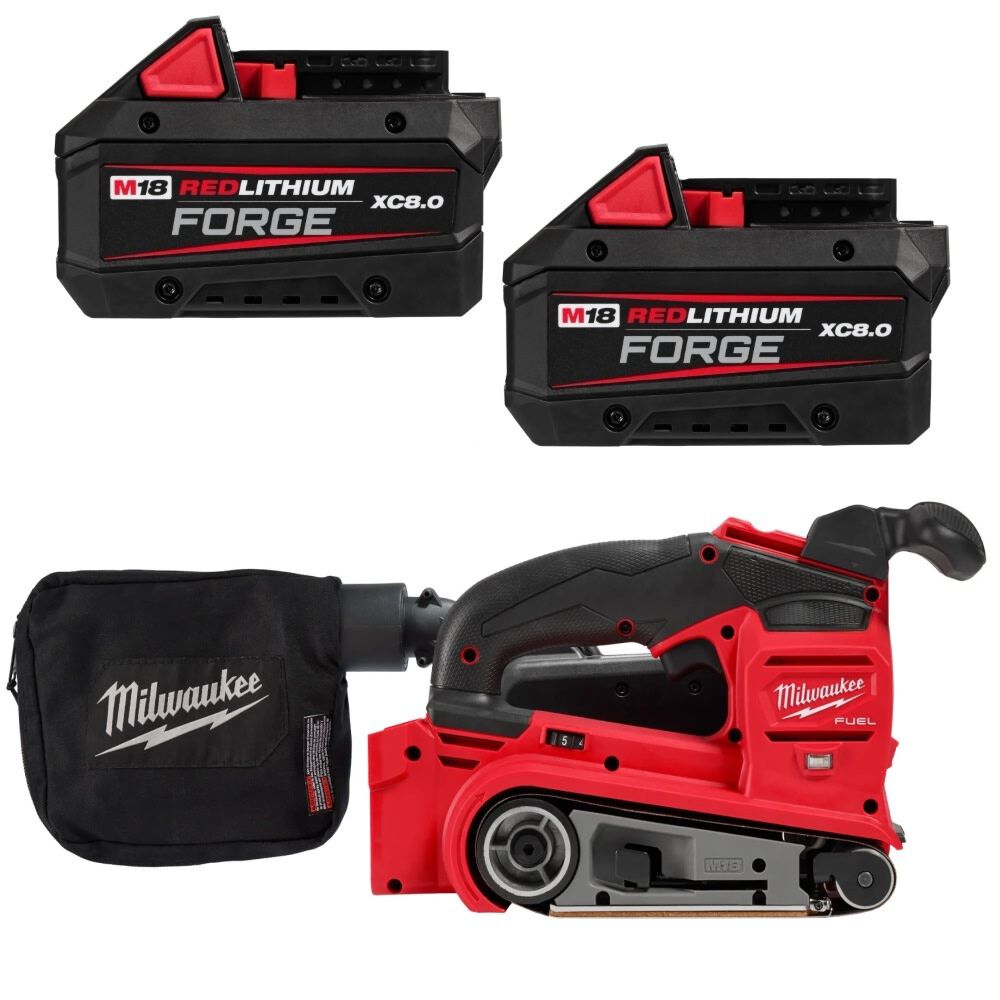 Milwaukee 3 Inch x 18 Inch Belt Sander and M18 Forge XC 18V 8Ah Battery Pack with Fuel Indicator Bundle