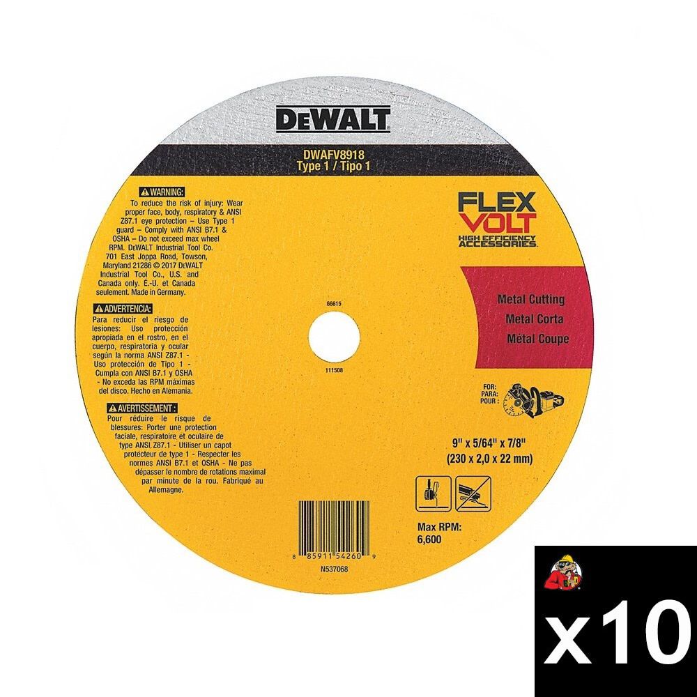 DEWALT 9 Inch x 5/64 Inch Type 1 Metal Cut-Off Wheel Bundle, 10 Pieces