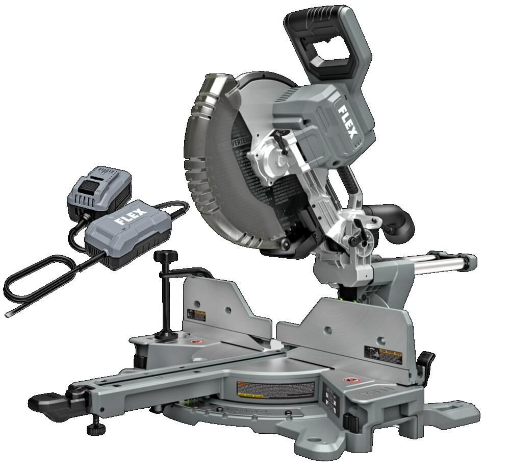 FLEX 24V Cordless 12 Inch Dual Bevel Sliding Miter Saw (Bare Tool) & Power Adapter Bundle