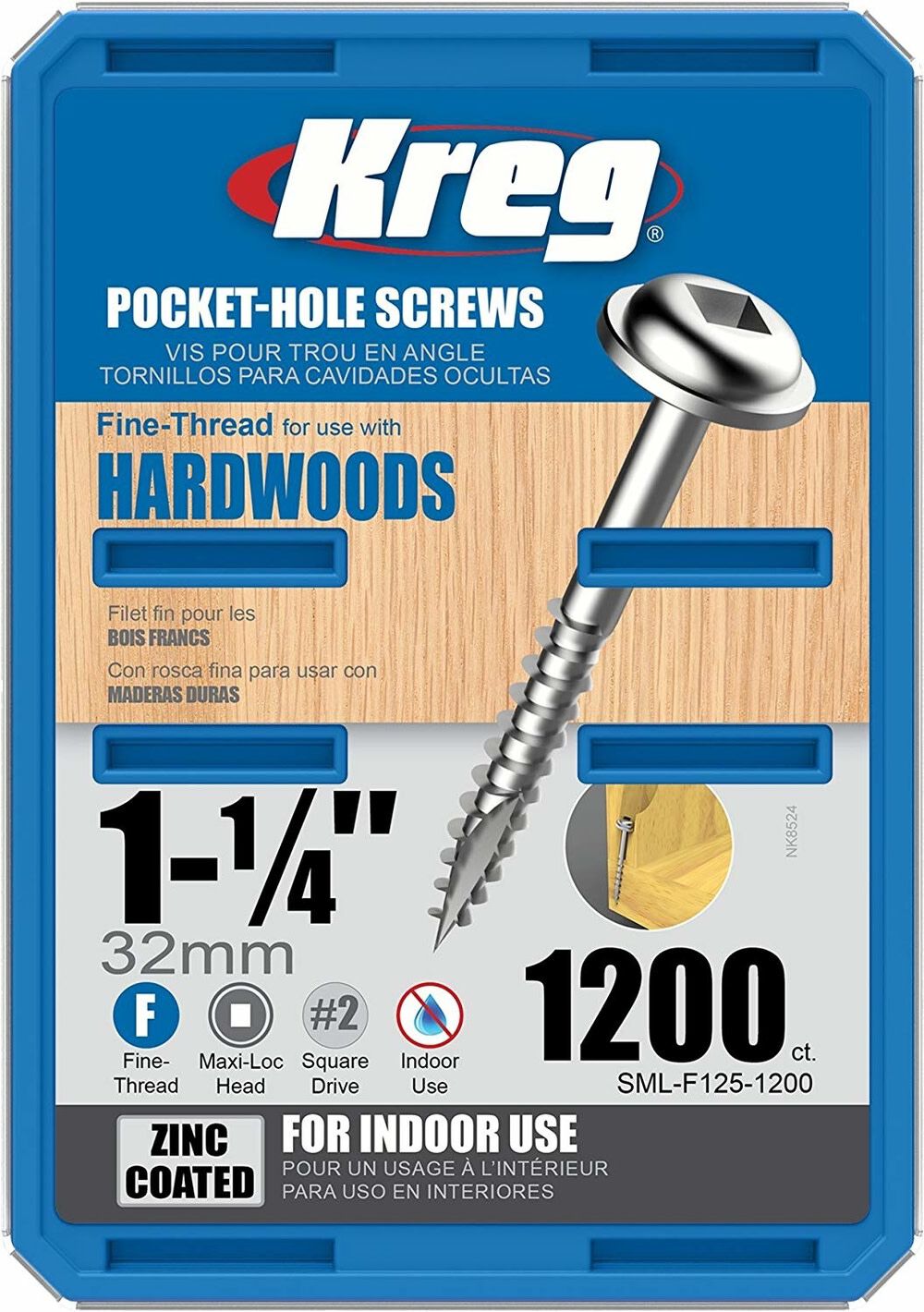 Kreg 1-1/4in #7 Fine WH Zinc Pocket Screw – 1200ct