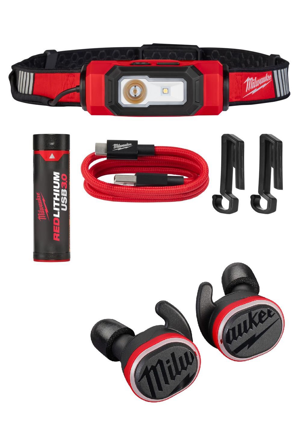 Milwaukee REDLITHIUM USB Bluetooth Jobsite Ear Buds & BEACON Hard Hat Light USB Rechargeable Bundle
